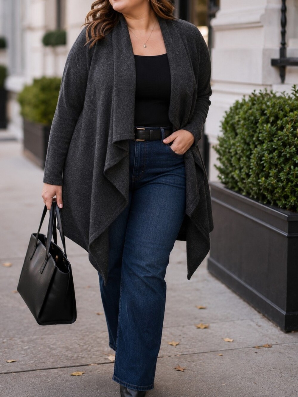 Lord & Taylor Plus Cashmere Charcoal Draped Open Front Cardigan Sweater
